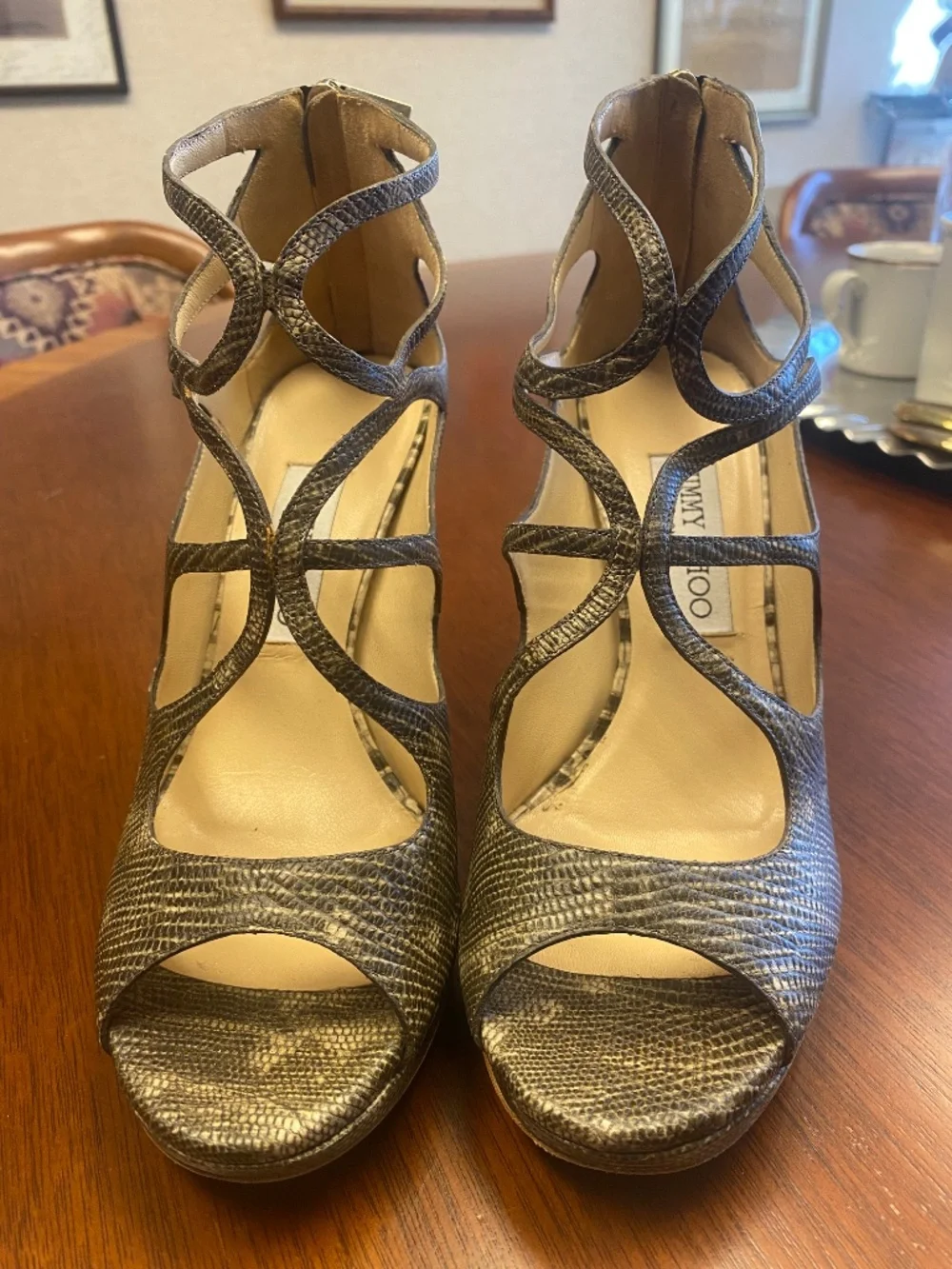 Jimmy Choo Leda Metallic Bronze Lizard Embossed Cage Sandals – Size 38 – Made in